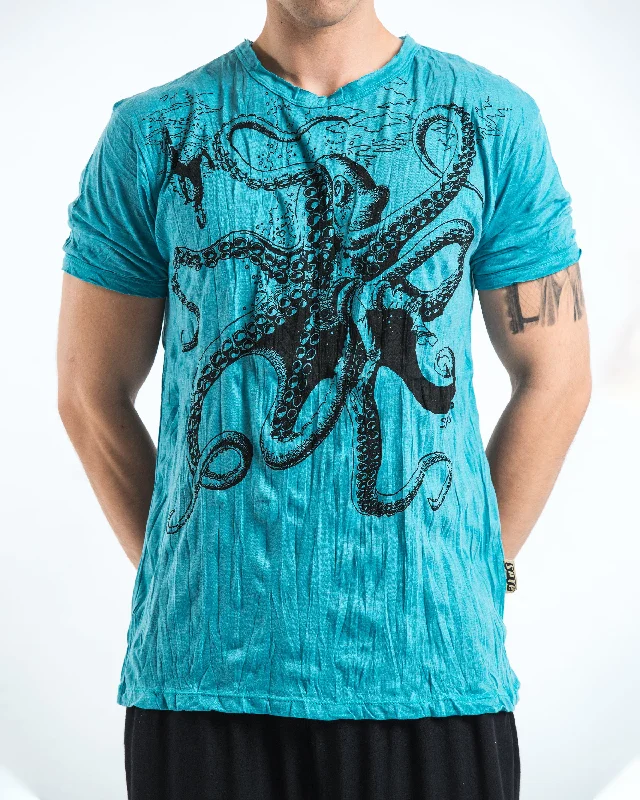 Men's embroidered t-shirt-Mens Octopus T-Shirt in Turquoise