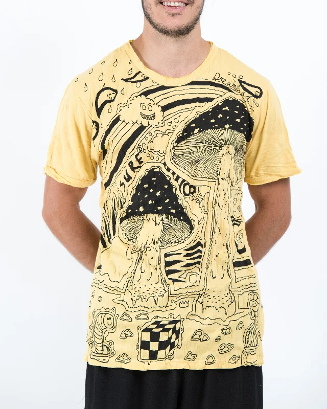 Men's bold pattern t-shirt-Mens Magic Mushroom T-Shirt in Yellow