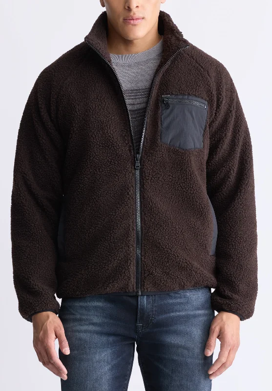 Men's sustainable fleece jacket-Jaik Men's Sherpa Bomber Jacket with Chest Pocket, Chocolate - BM24490