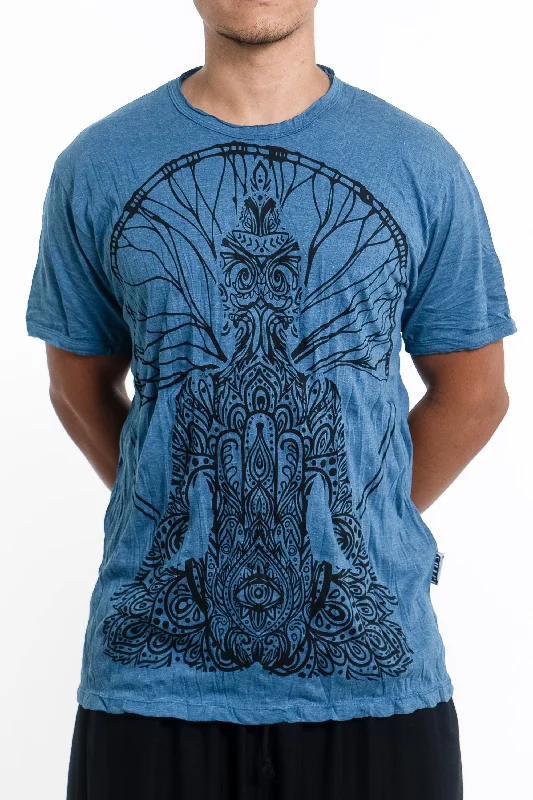 Men's hemp fabric t-shirt-Mens Hamsa Meditation T-Shirt in Denim Blue