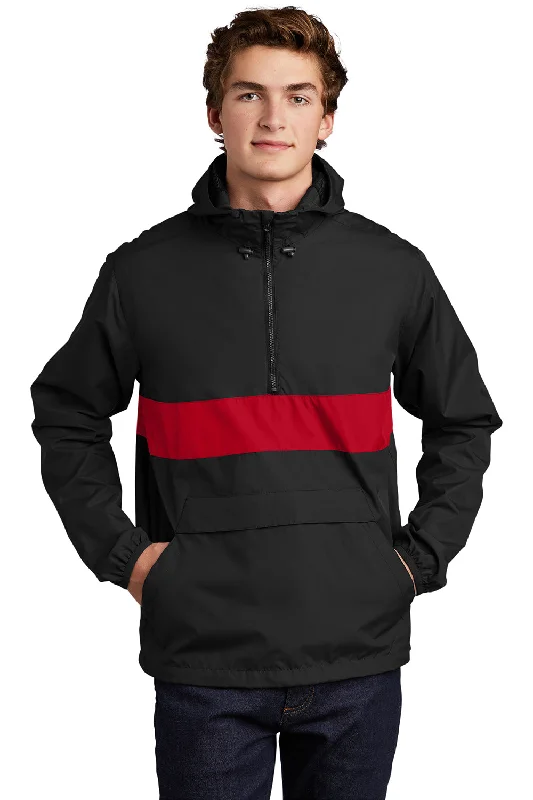 Men's modern leather coat-Sport-Tek Mens Hooded 1/4 Zip Jacket - Black/True Red