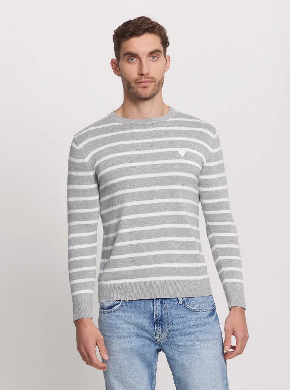 Men's nature-inspired t-shirt-Grey Striped Long Sleeve Knit Top