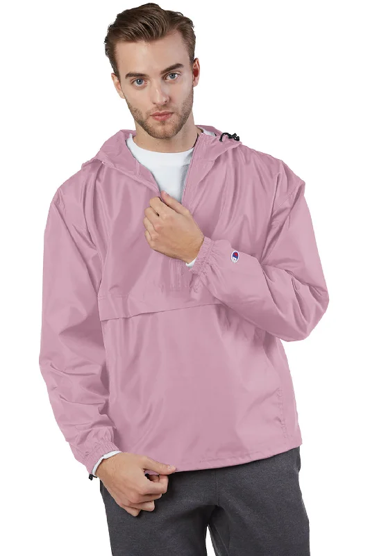 Men's naturally cooling jacket-Champion Mens Packable Wind & Water Resistant Anorak 1/4 Zip Hooded Jacket - Candy Pink