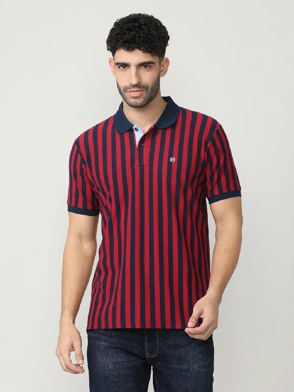 Men's sporty office wear polo shirt-Deep Red Pique Lycra Verticle Stripes Polo T-shirt With Constrast Collar