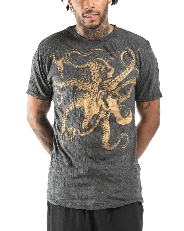 Men's laid-back t-shirt-Mens Octopus T-Shirt in Gold on Black