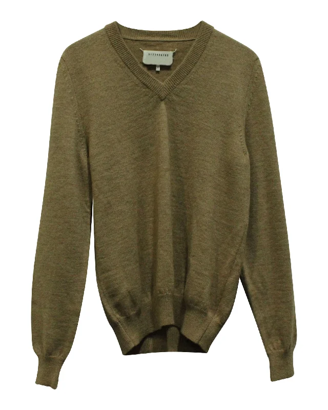 Men's festival sweatshirt-Maison Margiela V-neck Sweatshirt with Elbow Patch in Brown Wool