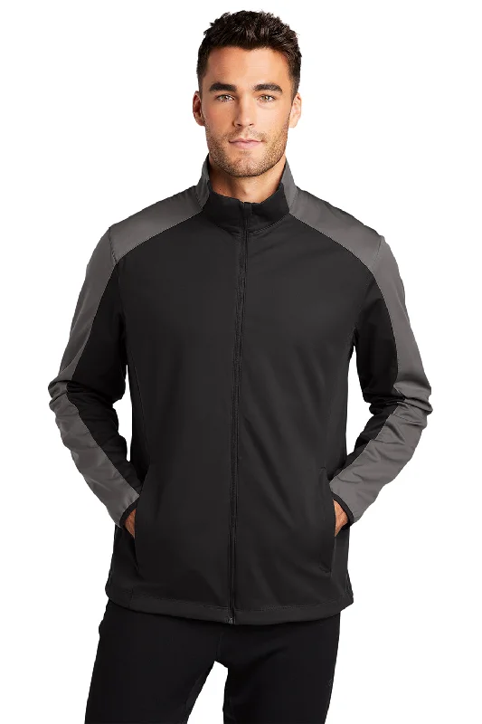 Men's tech-inspired raincoat-Port Authority Mens Active Wind & Water Resistant Full Zip Jacket - Deep Black/Steel Grey - Closeout