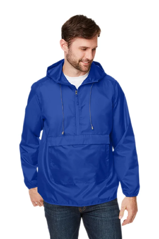 Men's weatherproof utility coat-Team 365 Mens Zone Protect Water Resistant Hooded Packable Hooded 1/4 Zip Anorak Jacket - Royal Blue