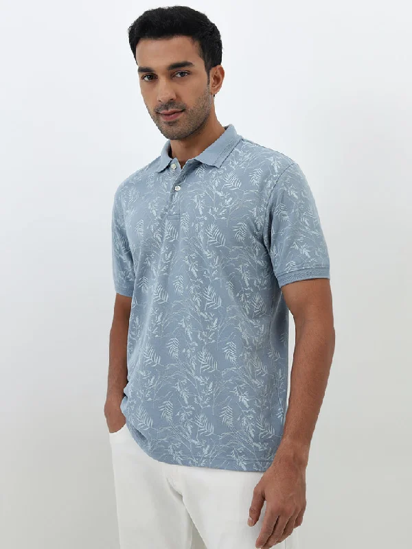 Men's eco-conscious casual wear polo shirt-WES Casuals Dusty Blue Leaf Design Relaxed-Fit Cotton-Blend Polo T-Shirt