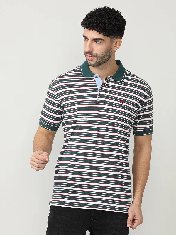 Men's gym-ready travel wear polo shirt-Wine Pique Lycra Stripes Polo T-shirt With Contrast Collar