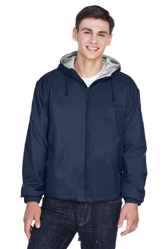 Men's quick-dry puffer jacket-UltraClub Mens Wind & Water Resistant Full Zip Hooded Jacket - Navy Blue - Closeout