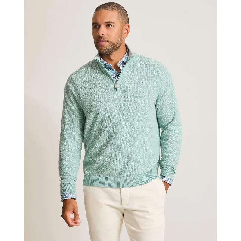 Men's travel sweater-Tommy Bahama Men's IslandZone New Coolside Legend Half Zip Pullover Sweater - Aquifer Heather