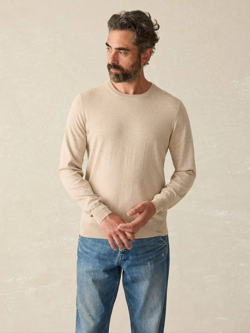 Men's weather-resistant sweater-Faherty Movement Crewneck Sweater - Soft Dune Heather