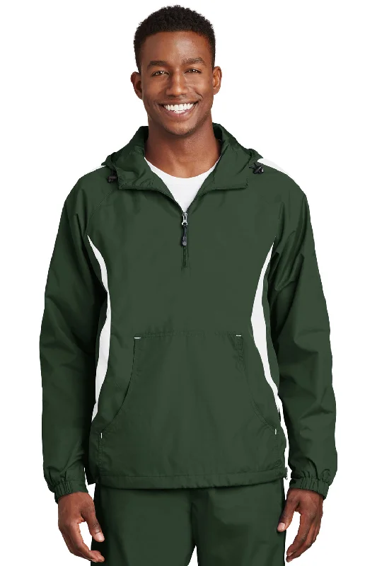 Men's pre-washed windbreaker-Sport-Tek Mens 1/4 Zip Hooded Jacket - Forest Green/White - Closeout