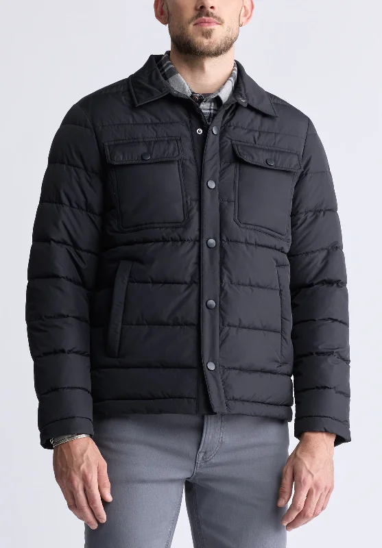 Men's lightweight utility jacket-Aiden Men's Quilted Button-Front Jacket, Black - OBMFJ001