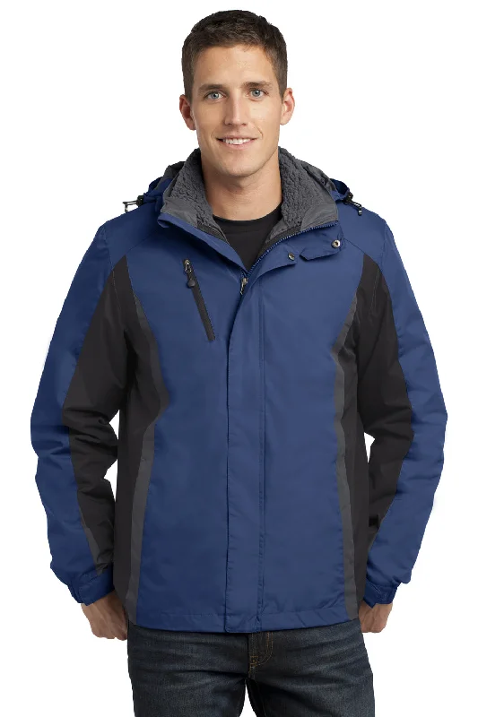 Men's breathable utility jacket-Port Authority Mens 3-in-1 Wind & Water Resistant Full Zip Hooded Jacket - Admiral Blue/Black/Magnet Grey