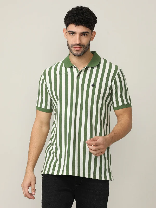 Men's relaxed fit gym polo shirt-Lake Green Pique Lycra Verticle Stripes Polo T-shirt With Constrast Collar