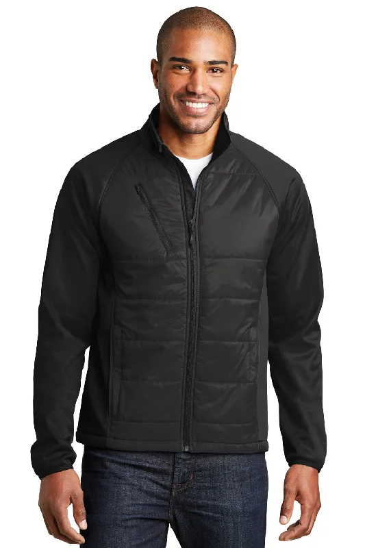 Men's sustainable puffer jacket-Port Authority Mens Hybrid Wind & Water Resistant Full Zip Jacket - Deep Black