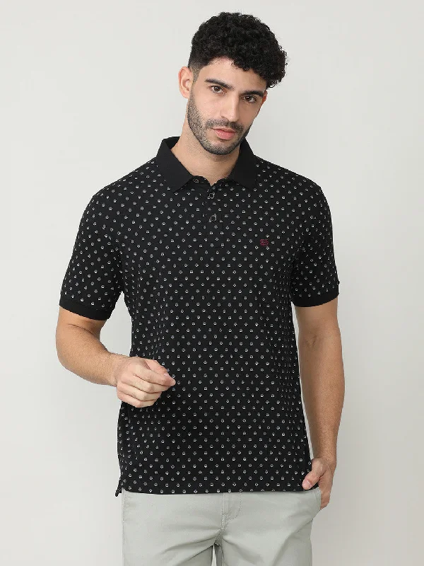 Men's organic office wear polo shirt-Black Pique Lycra Micro Printed Polo T-shirt