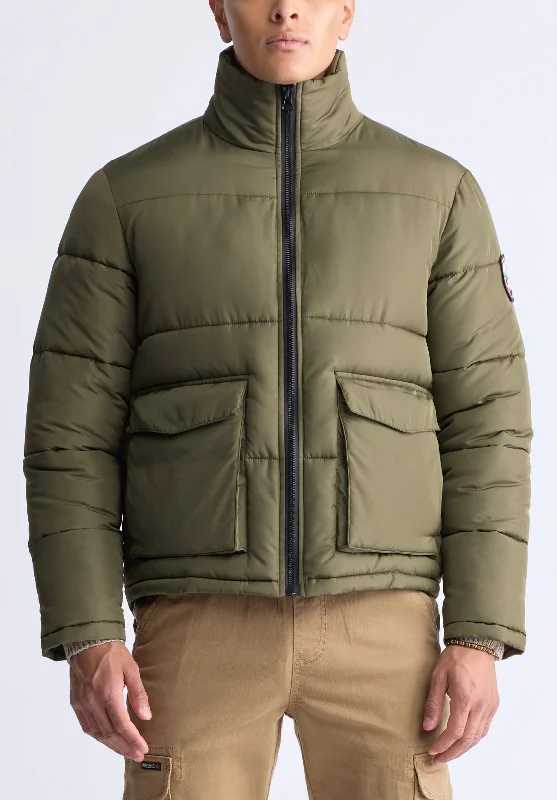 Men's breathable trench coat-Nate Men’s Zip-up Puffer Jacket with Large Front Pockets, Army green - OBMFE001