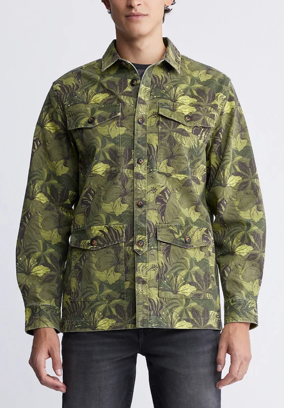 Men's sporty fleece jacket-Jicama Men's Shacket in Sphagnum Green Print - BM24340