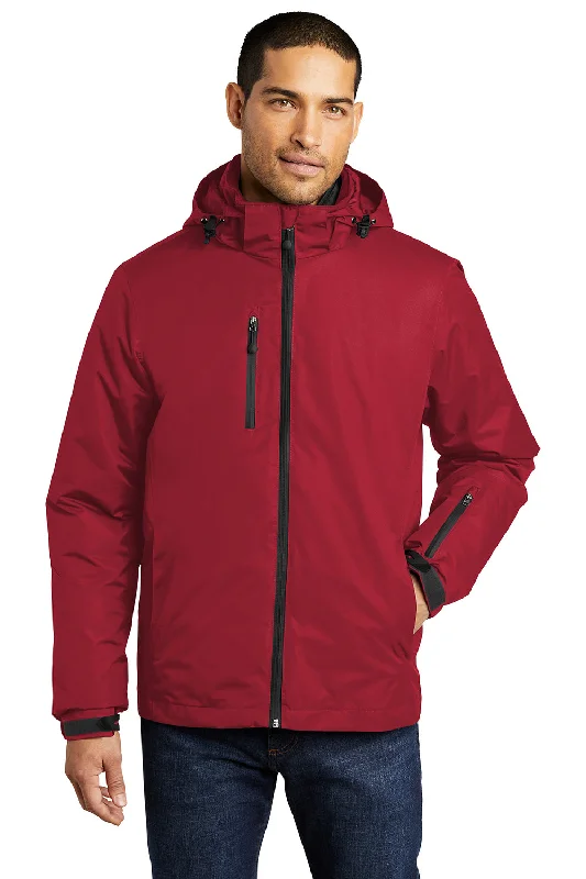 Men's fashion-forward field jacket-Port Authority Mens Vortex 3-in-1 Waterproof Full Zip Hooded Jacket - Rich Red/Black