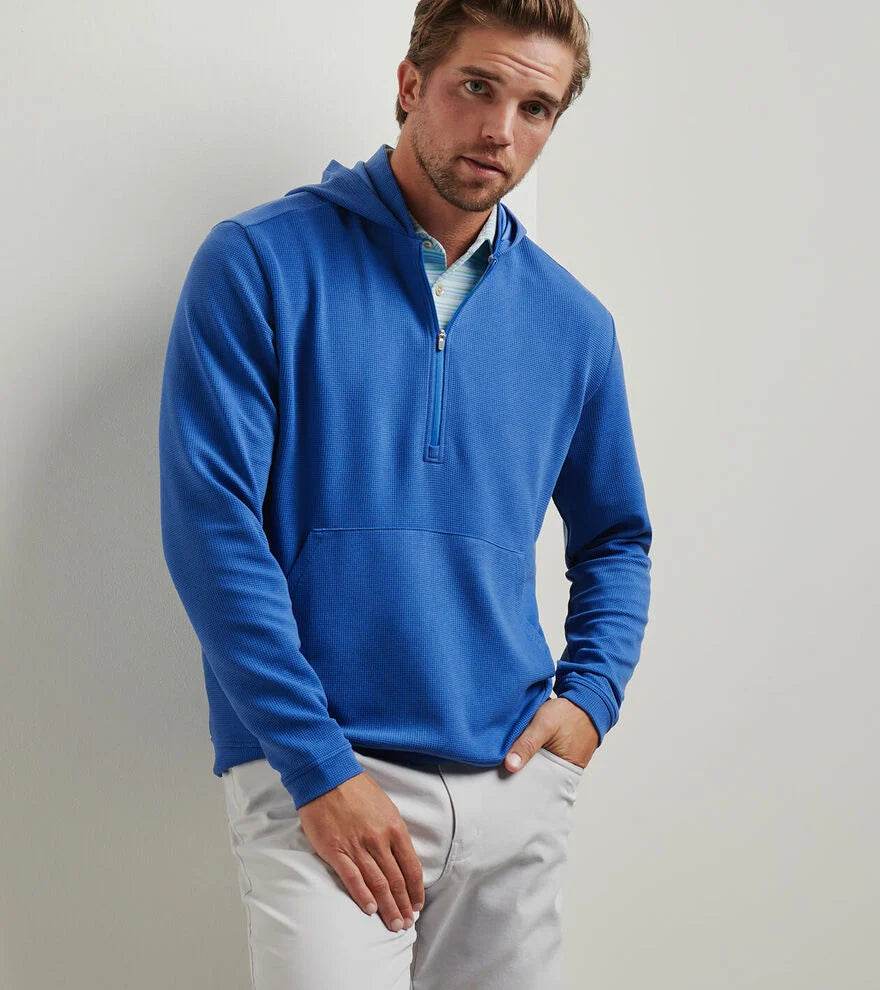 Men's fall sweater-Peter Millar Men's Grid Performance Half-Zip Hoodie Sweatshirt - Sailor Blue