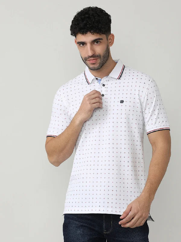 Men's sustainable travel wear polo shirt-White Pique Lycra Printed Polo T-shirt With Tipping Collar