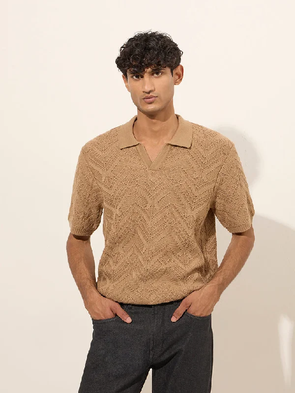 Men's relaxed fit sport polo shirt-Ascot Taupe Textured Relaxed-Fit Cotton-Blend Polo T-Shirt