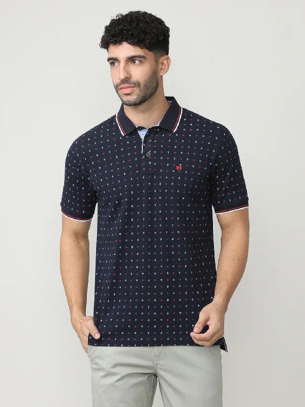 Men's summer performance polo shirt-Navy Blue Pique Lycra Printed Polo T-shirt With Tipping Collar