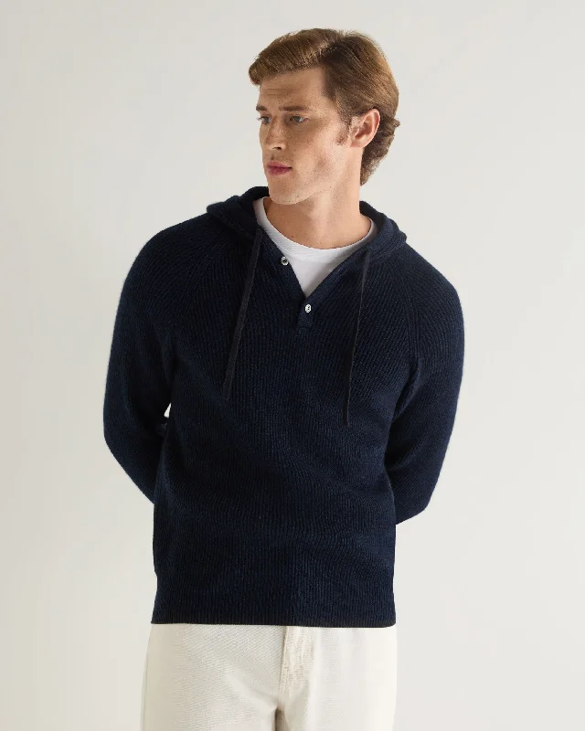 Men's urban sweater-Men's Balham Rib Hooded Cashmere Jumper Navy Blue Melange