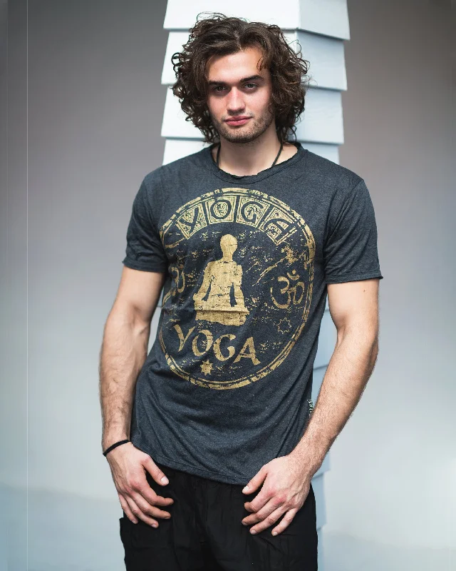 Men's fitted athletic t-shirt-Mens Infinitee Yoga Stamp T-Shirt in Gold on Black