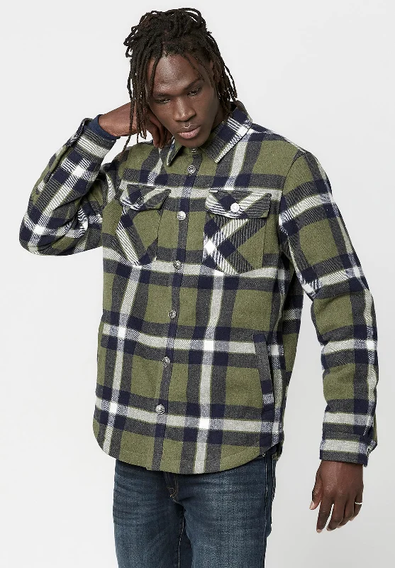 Men's sustainable softshell jacket-Japuy Men's Shacket in Green Black Plaid - BM23653