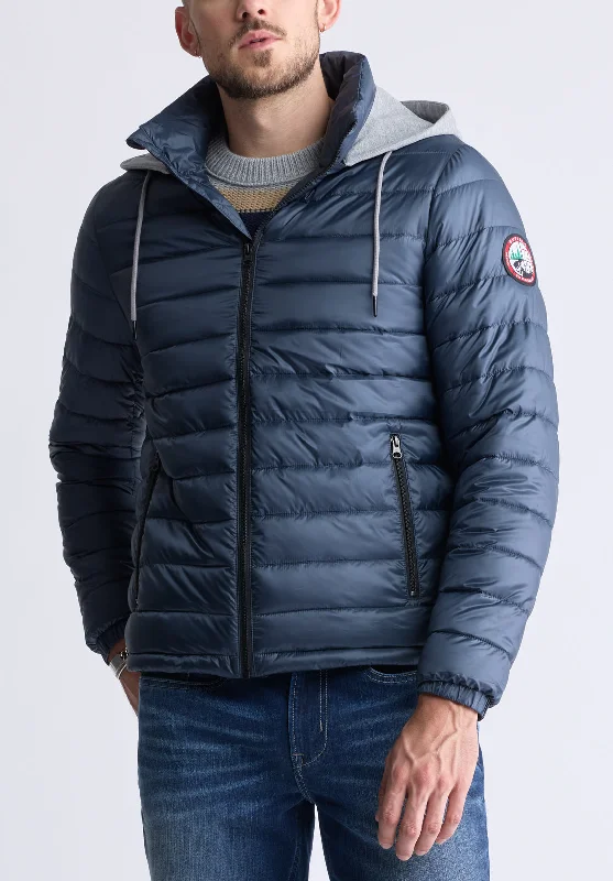 Men's comfortable field jacket-Vince Men’s Quilted Puffer Zip-Up Jacket with Contrasting Hoodie, Navy - OBMFE003