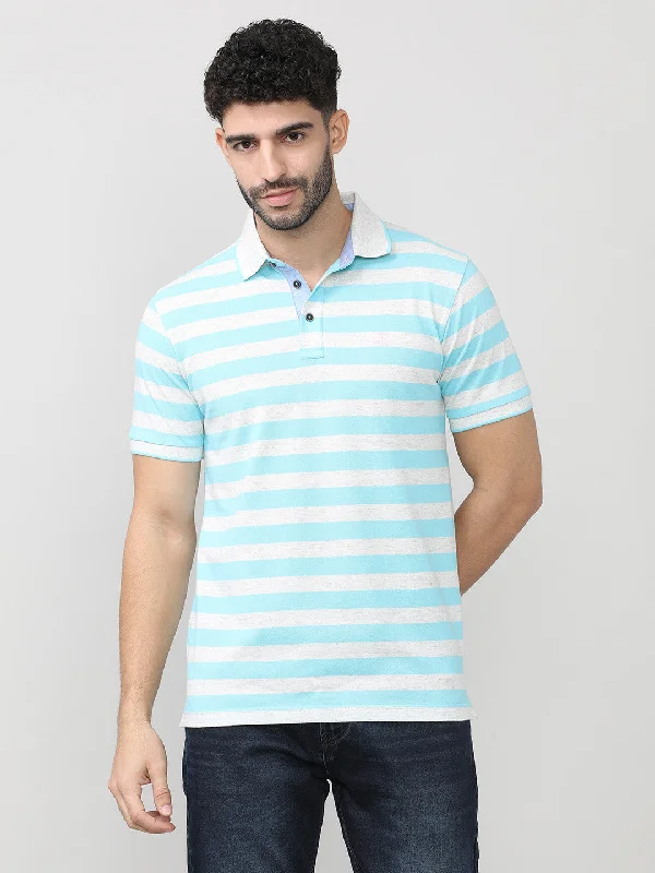 Men's adventure-ready dress wear polo shirt-Aqua Pique Stripes Polo T-shirt With Tipping Collar