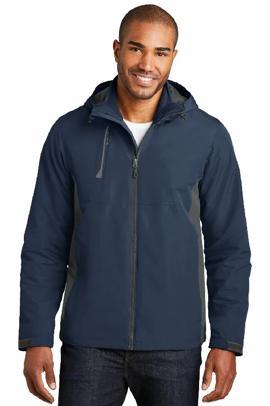 Men's antibacterial windbreaker-Port Authority Mens Merge 3-in-1 Wind & Water Full Zip Hooded Jacket - Dress Navy Blue/Steel Grey